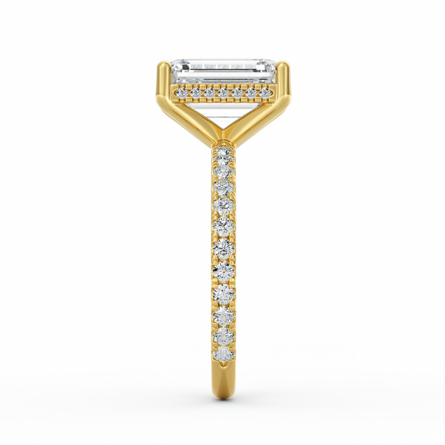 4 Carat Emerald Cut Diamond Engagement Ring, Pavé Diamond Band with Hidden Halo in 14K Yellow Gold