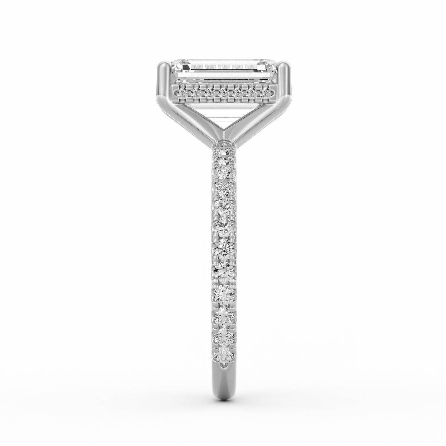 4 Carat Emerald Cut Diamond Engagement Ring, Pavé Diamond Band with Hidden Halo in 14K White Gold