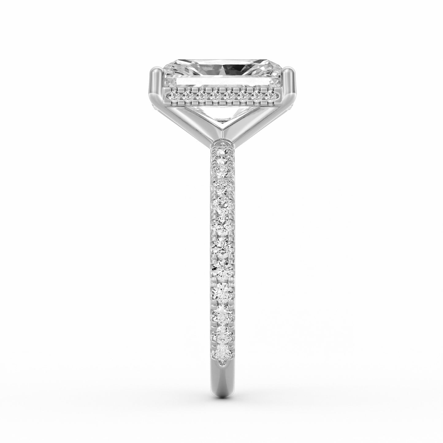 4 Carat Radiant Cut Diamond Engagement Ring, Pavé Diamond Band with Hidden Halo in 14K White Gold