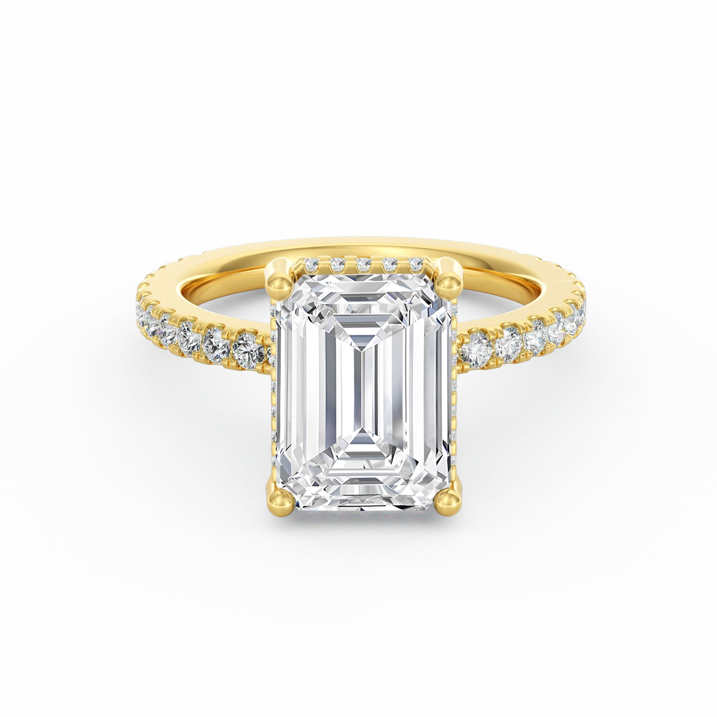 4 Carat Emerald Cut Diamond Engagement Ring, Pavé Diamond Band with Hidden Halo in 14K Yellow Gold