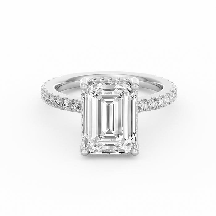 4 Carat Emerald Cut Diamond Engagement Ring, Pavé Diamond Band with Hidden Halo in 14K White Gold