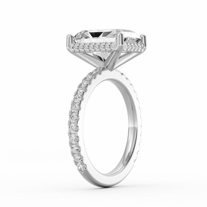 4 Carat Emerald Cut Diamond Engagement Ring, Pavé Diamond Band with Hidden Halo in 14K White Gold