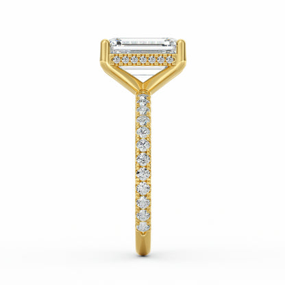 4 Carat Emerald Cut Diamond Engagement Ring, Pavé Diamond Band with Hidden Halo in 14K Yellow Gold