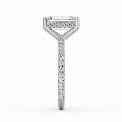 4 Carat Emerald Cut Diamond Engagement Ring, Pavé Diamond Band with Hidden Halo in 14K White Gold