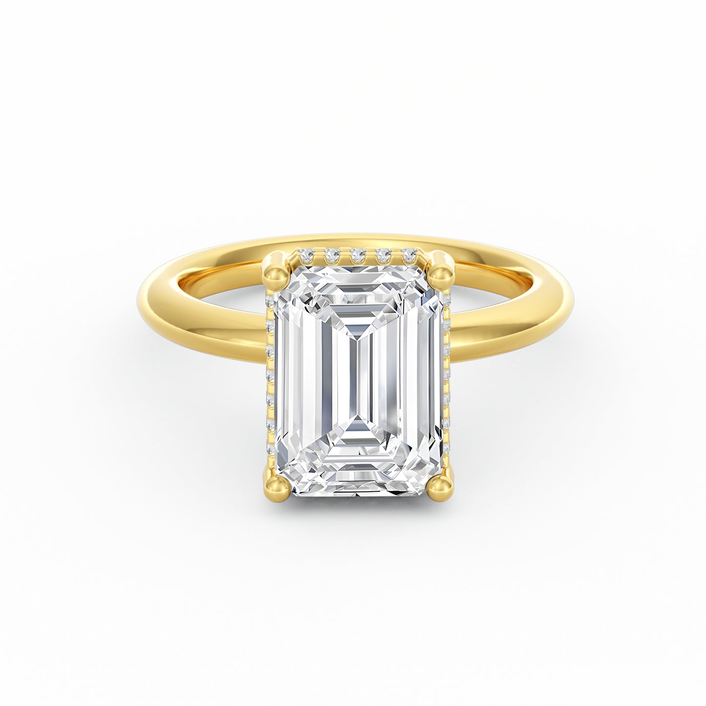 4 Carat Emerald Cut Diamond Engagement Ring, Solitaire Band with Hidden Halo in 14K Yellow Gold