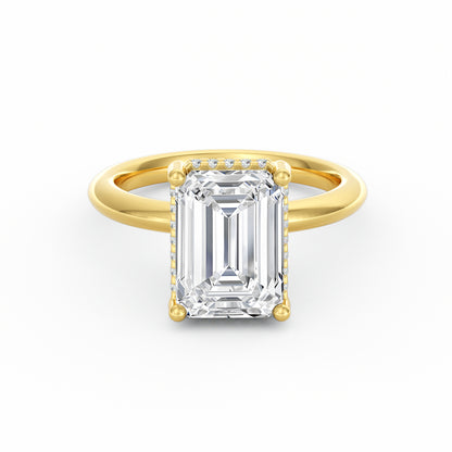 4 Carat Emerald Cut Diamond Engagement Ring, Solitaire Band with Hidden Halo in 14K Yellow Gold