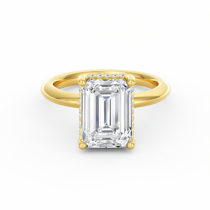 4 Carat Emerald Cut Diamond Engagement Ring, Solitaire Band with Hidden Halo in 14K Yellow Gold