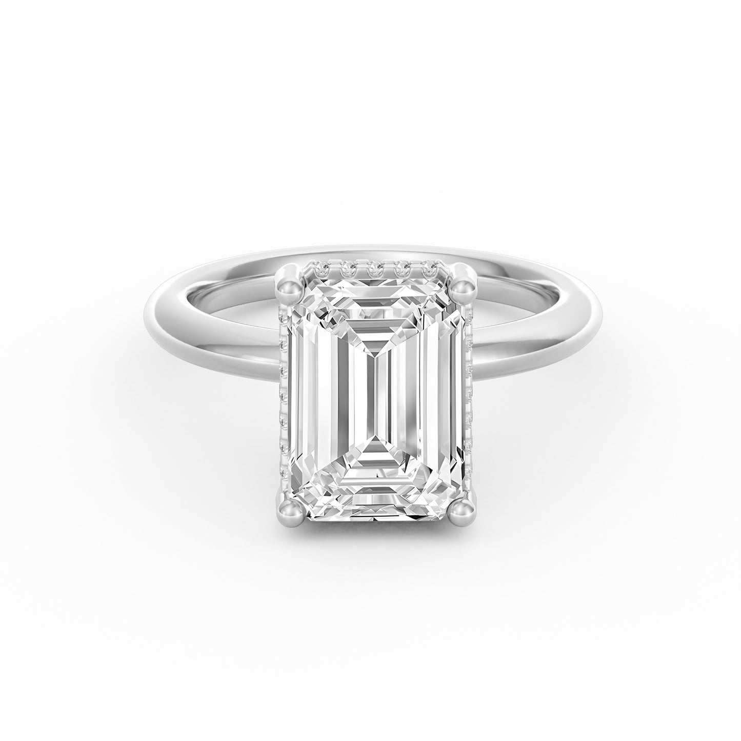 4 Carat Emerald Cut Diamond Engagement Ring, Solitaire Band with Hidden Halo in 14K White Gold