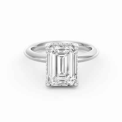 4 Carat Emerald Cut Diamond Engagement Ring, Solitaire Band with Hidden Halo in 14K White Gold