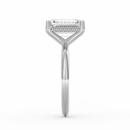 4 Carat Emerald Cut Diamond Engagement Ring, Solitaire Band with Hidden Halo in 14K White Gold