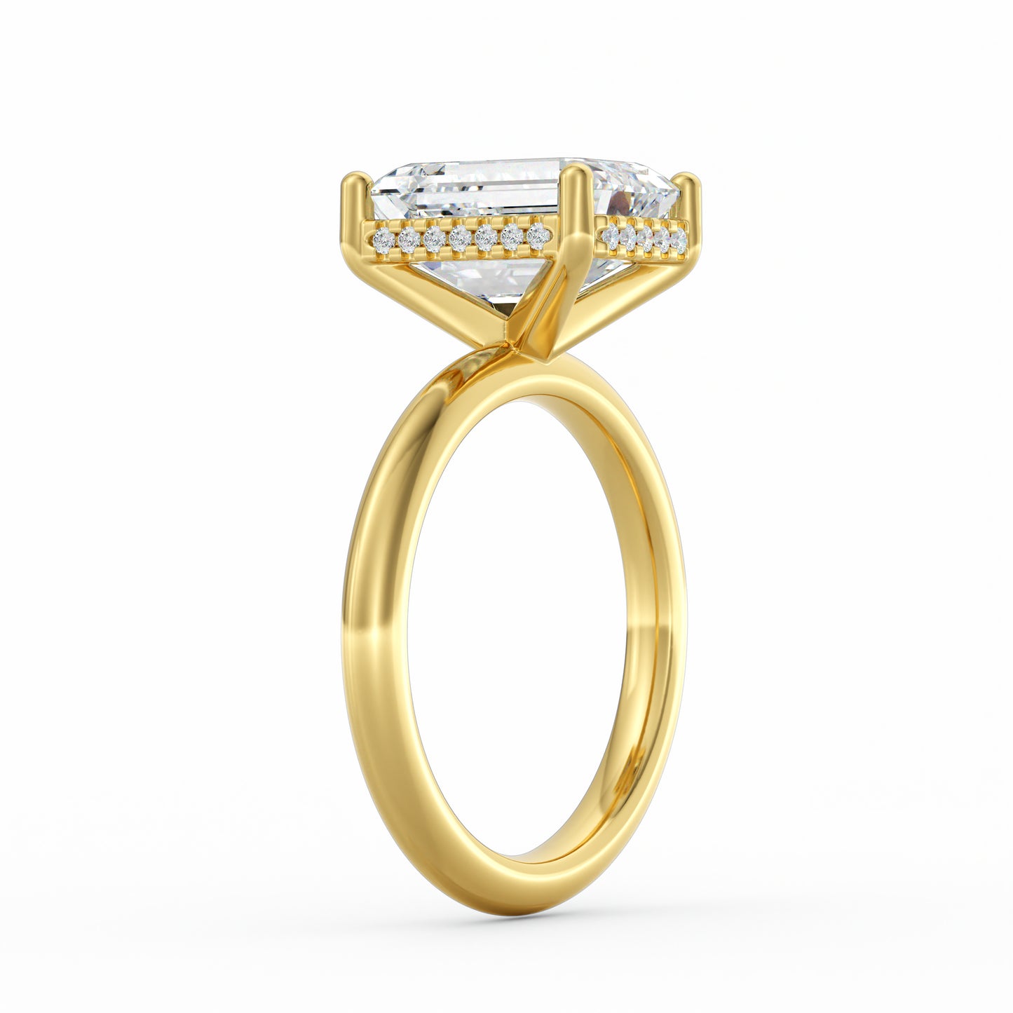 4 Carat Emerald Cut Diamond Engagement Ring, Solitaire Band with Hidden Halo in 14K Yellow Gold