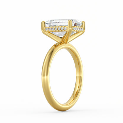 4 Carat Emerald Cut Diamond Engagement Ring, Solitaire Band with Hidden Halo in 14K Yellow Gold