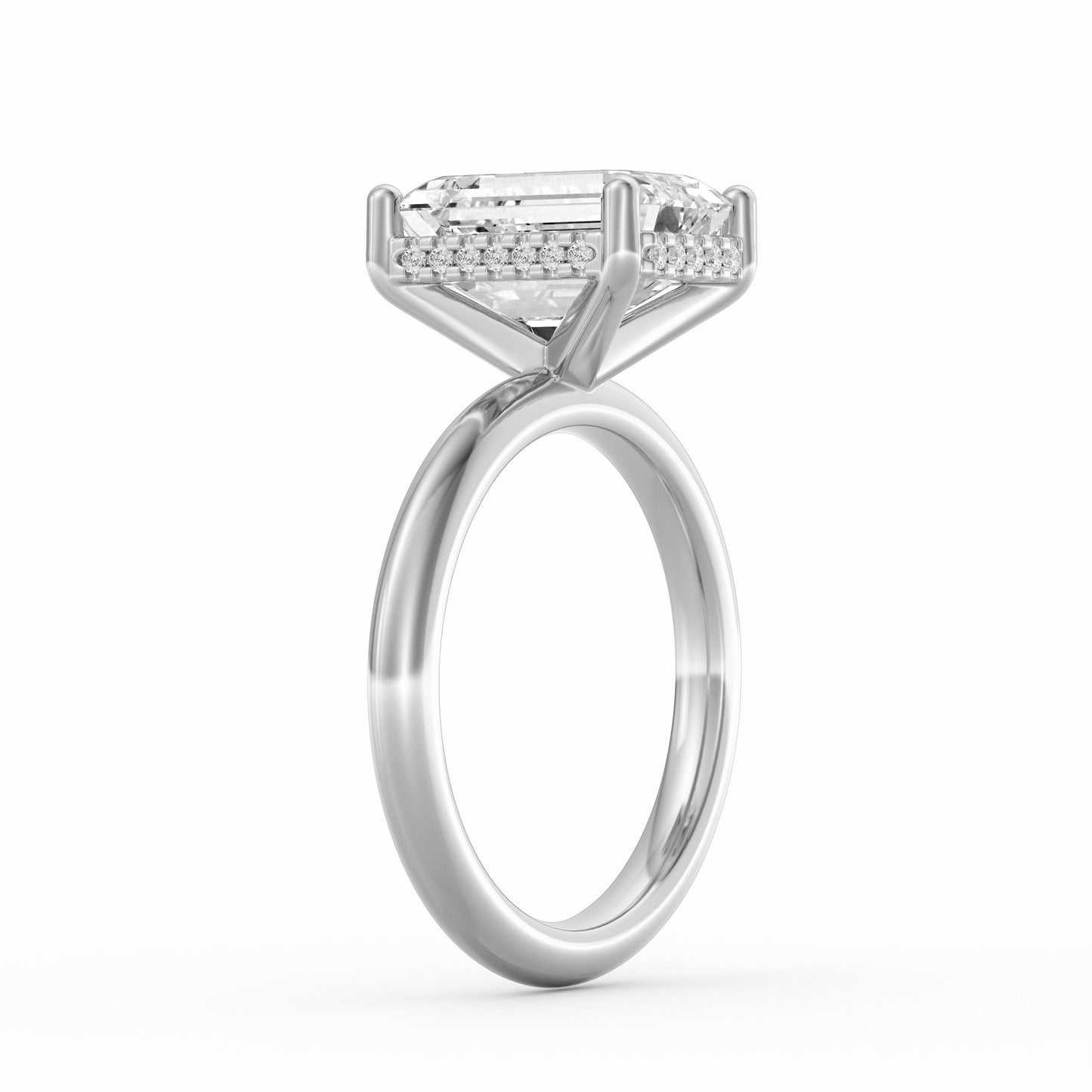 4 Carat Emerald Cut Diamond Engagement Ring, Solitaire Band with Hidden Halo in 14K White Gold