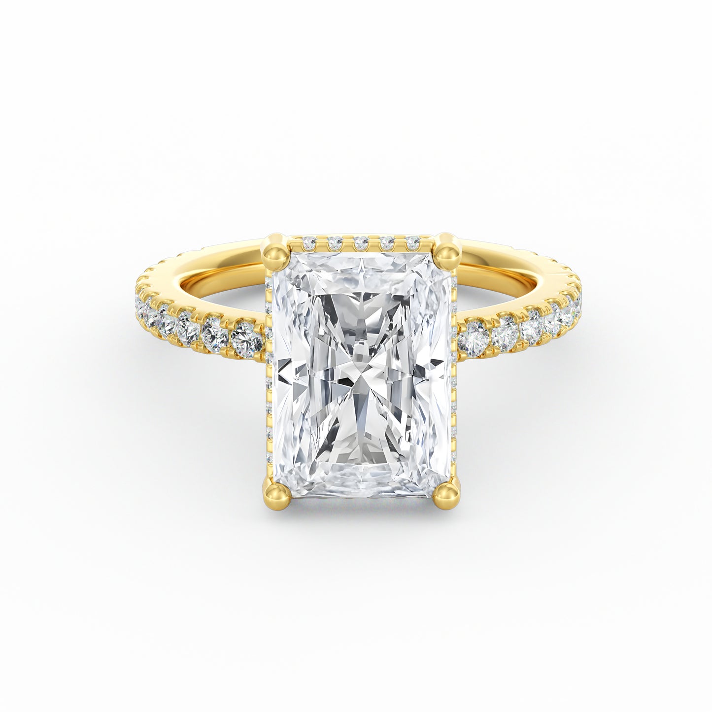 4 Carat Radiant Cut Diamond Engagement Ring, Pavé Diamond Band with Hidden Halo in 14K Yellow Gold