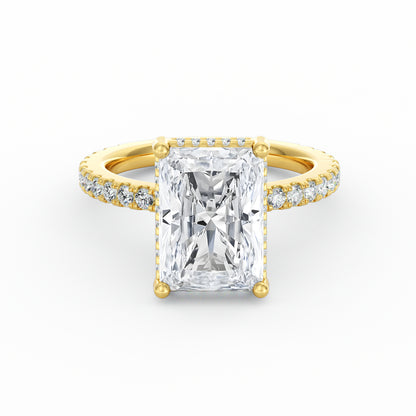 4 Carat Radiant Cut Diamond Engagement Ring, Pavé Diamond Band with Hidden Halo in 14K Yellow Gold
