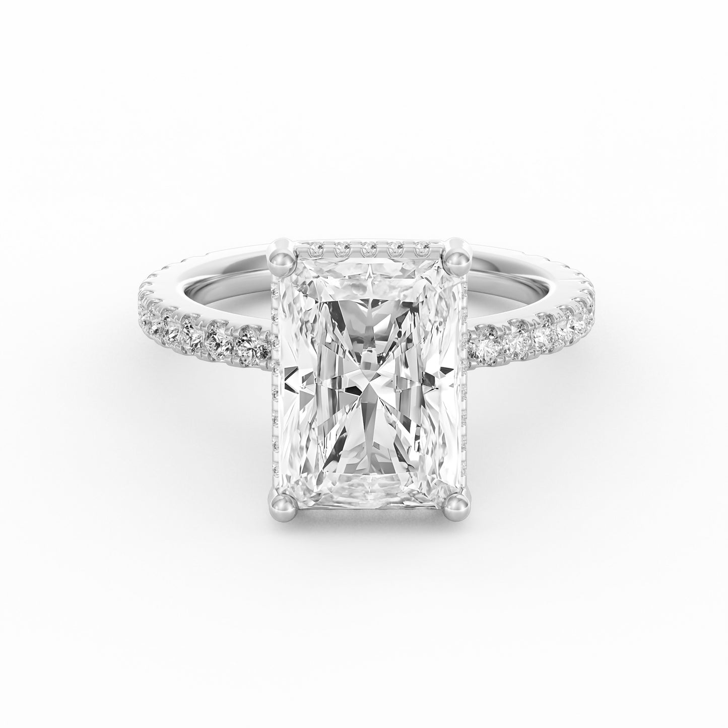 4 Carat Radiant Cut Diamond Engagement Ring, Pavé Diamond Band with Hidden Halo in 14K White Gold