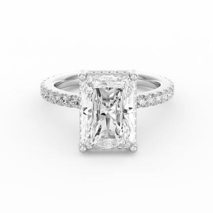 4 Carat Radiant Cut Diamond Engagement Ring, Pavé Diamond Band with Hidden Halo in 14K White Gold