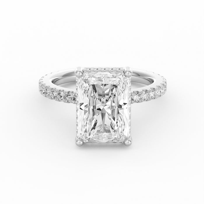 4 Carat Radiant Cut Diamond Engagement Ring, Pavé Diamond Band with Hidden Halo in 14K White Gold