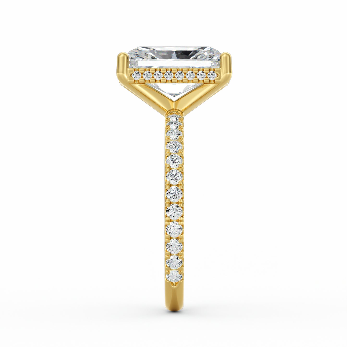4 Carat Radiant Cut Diamond Engagement Ring, Pavé Diamond Band with Hidden Halo in 14K Yellow Gold