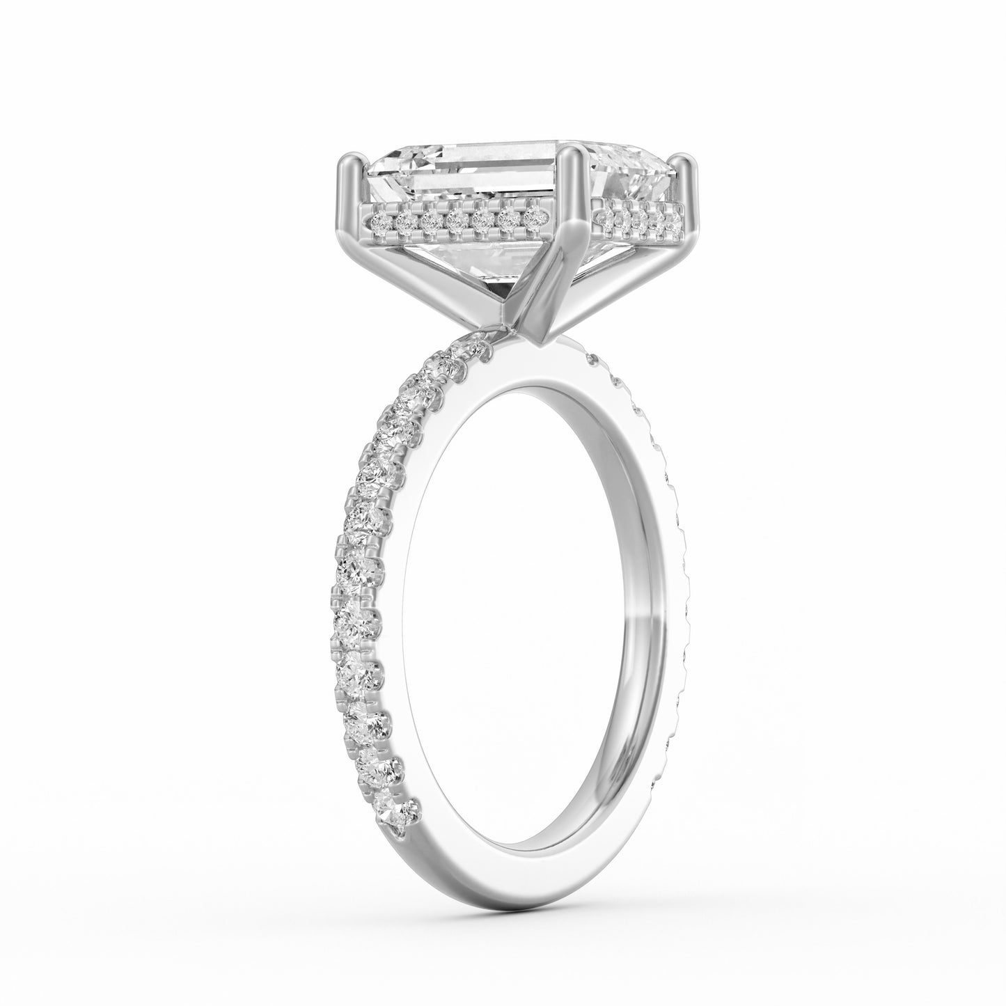 4 Carat Radiant Cut Diamond Engagement Ring, Pavé Diamond Band with Hidden Halo in 14K White Gold